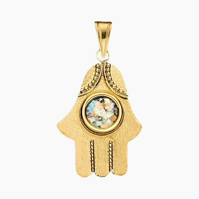 Colgante de Hamsa de oro de 14 quilates con cristal romano