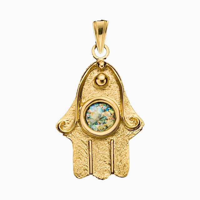 Colgante radiante de Hamsa en oro de 14 quilates con cristal romano