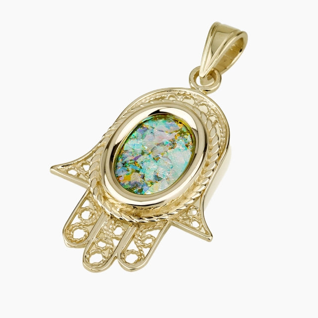 Timeless 14K Gold Hamsa Pendant with Roman Glass