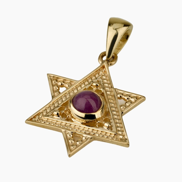 Handmade 14K Solid Gold Star of David Pendant with Special Ruby