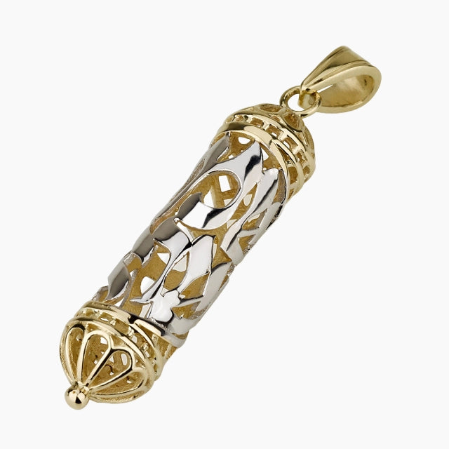 14K Gold Mezuzah Pendant with White Gold Shema Letters