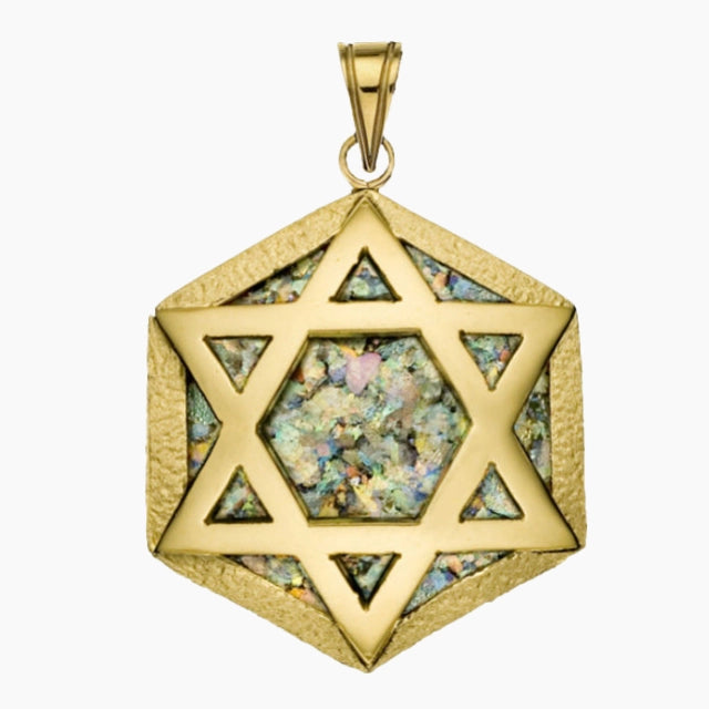 14K Gold Star of David Pendant with Roman Glass