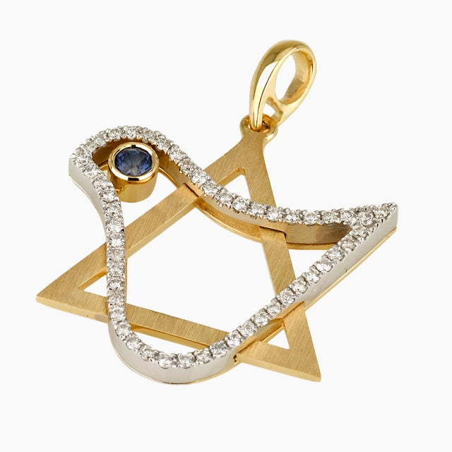 18K Gold Star of David Pendant & White Gold Dove Adorned with Sapphire & Diamonds