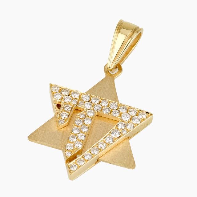 18K Gold Star of David Pendant with Diamonds Chai Letters