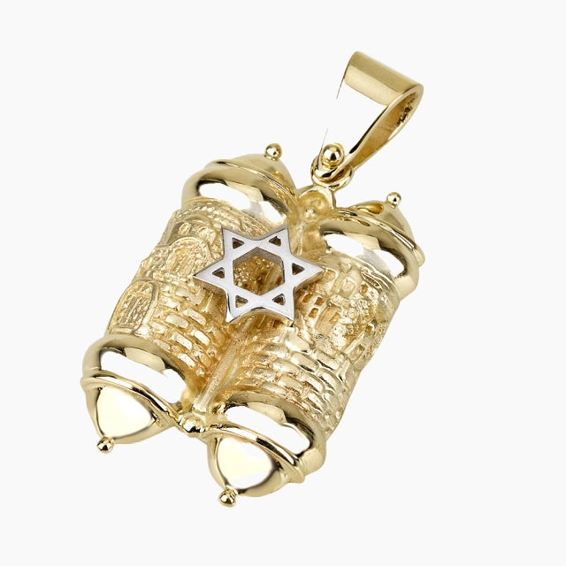 14K Gold Torah Scroll Pendant with Star of David