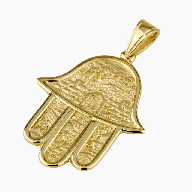 Pendentif Hamsa en or 14 carats avec motif de Jérusalem ancienne
