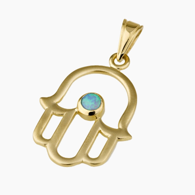 Colgante eterno de Hamsa en oro de 14 quilates con ópalo