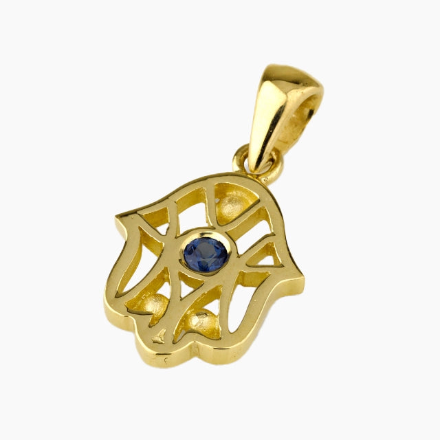 Colgante de Hamsa de oro de 14 quilates con piedra de zafiro
