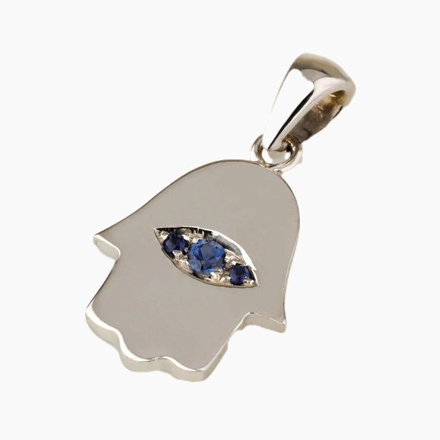 Pendentif Hamsa fait main en or blanc 14 carats orné d'une pierre saphir