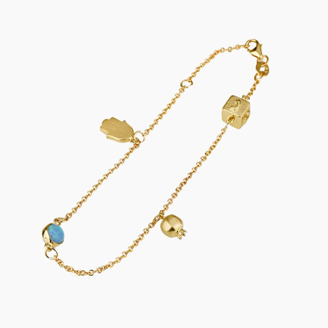 Bracelet juif en or 14 carats avec opale et Hamsa