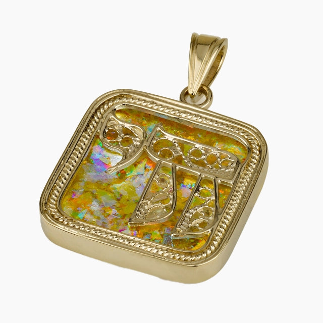 14K Gold roman glass Pendant with Chai