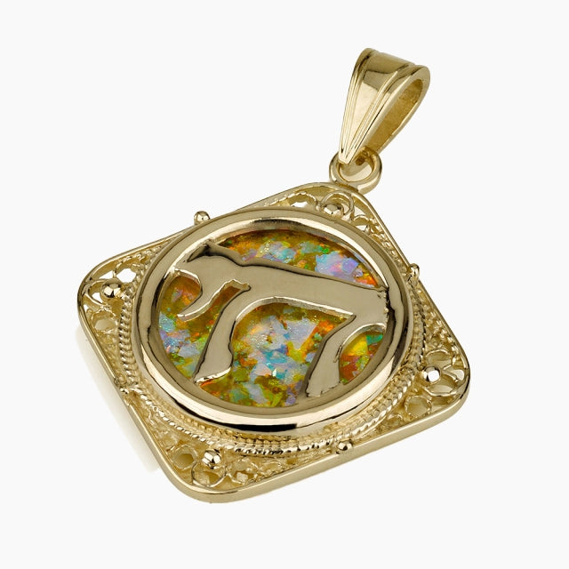 Pendentif Chai en or 14 carats avec verre romain