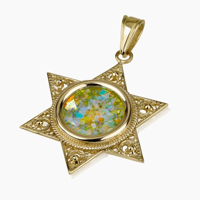 Pendentif étoile de David en or 14 carats avec verre romain