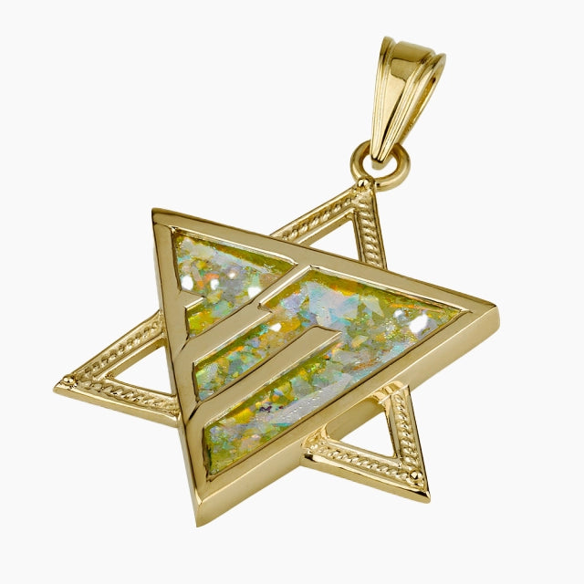 Heritage 14K Gold Star of David pendant with Roman Glass