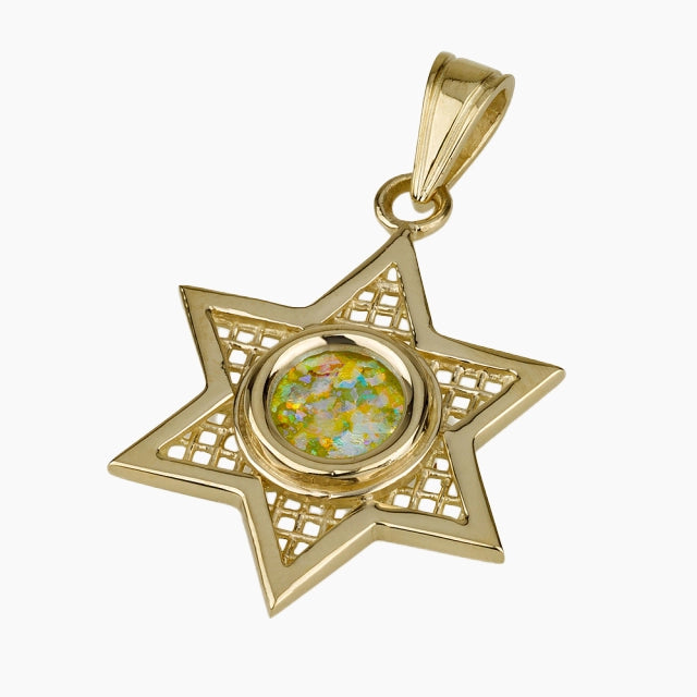 Blessed 14K Gold Star of David pendant with Roman Glass