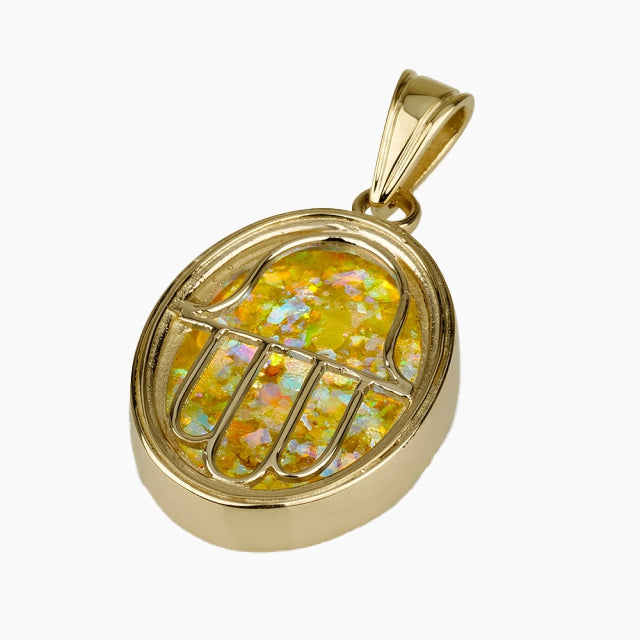 Pendentif Hamsa Heritage en or 14 carats avec verre romain