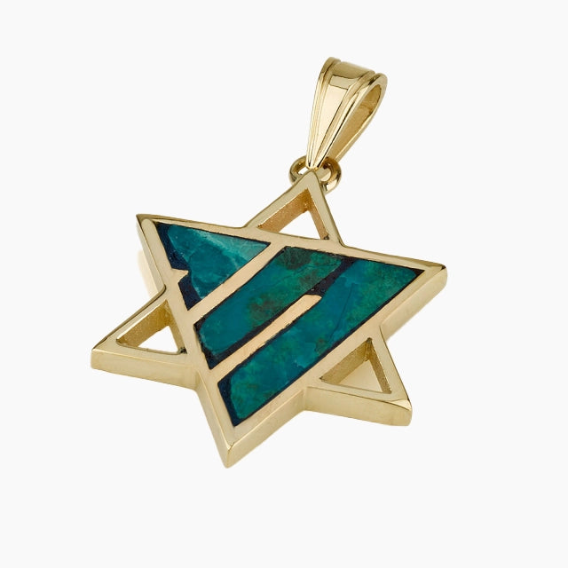 14K Gold Star of David Pendant with Eilat Stone Chai Letters