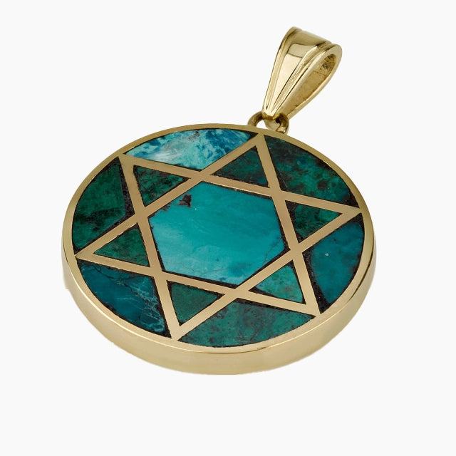 Eilat stone Circled 14K Gold Star of David Pendant
