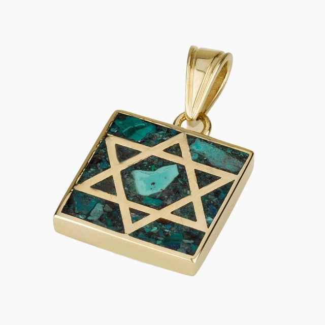 Squared 14K Solid Gold Star of David Pendant with Eilat Stone