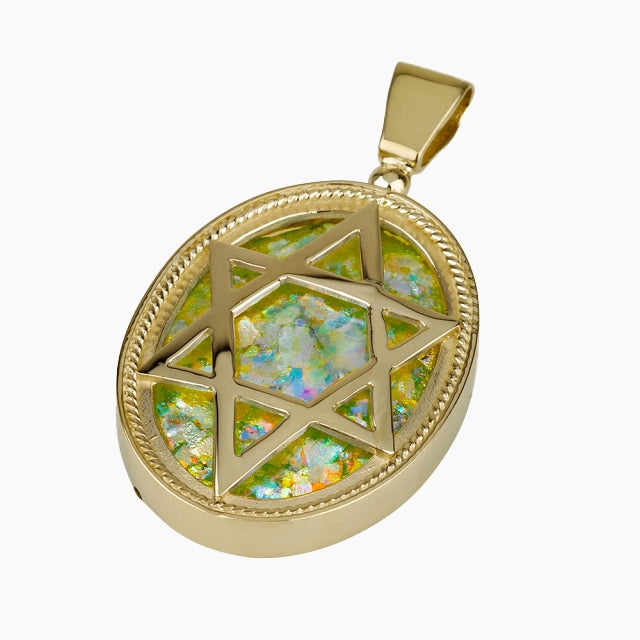 14K Gold Roman Glass pendant with Star of David