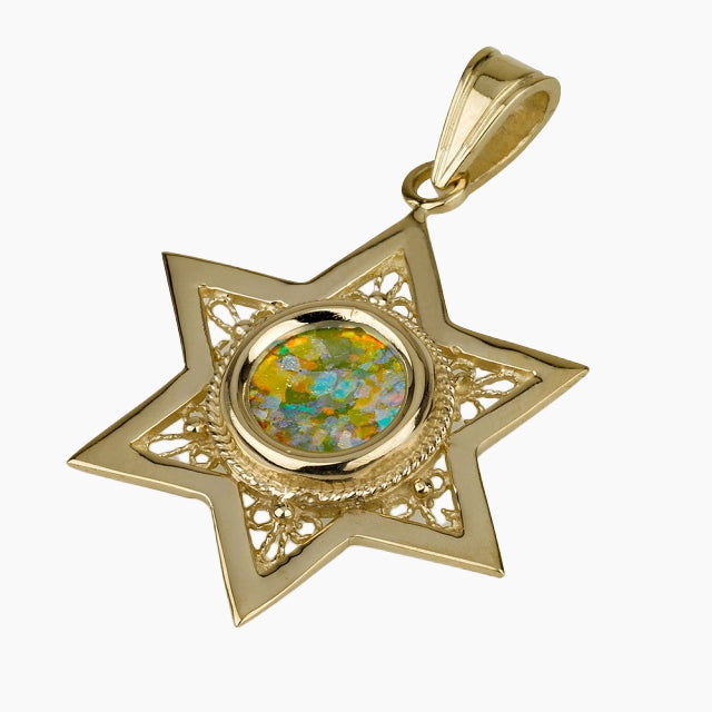 Timeless 14K Gold Roman Glass pendant with Star of David