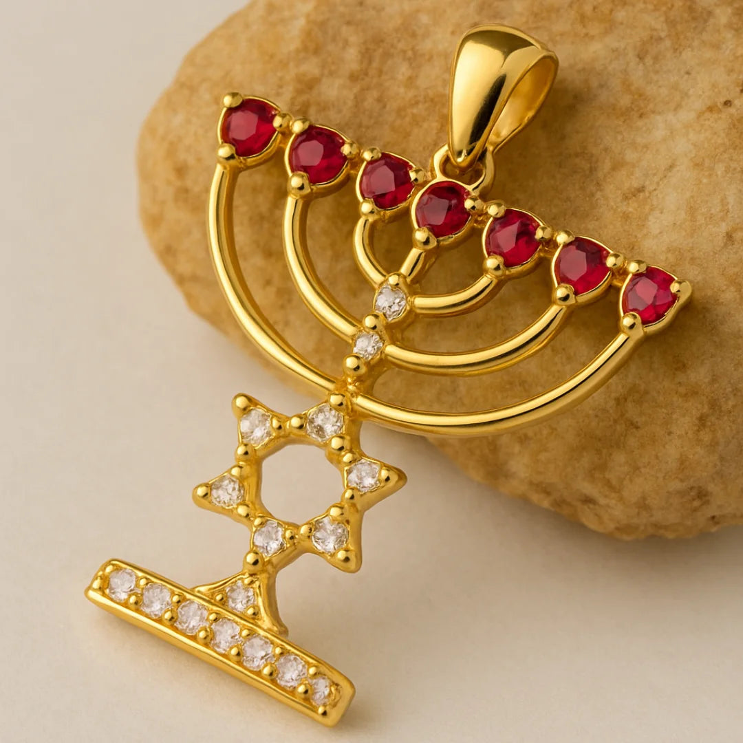 18k Gold With Diamonds & Rubies Menorah Pendant