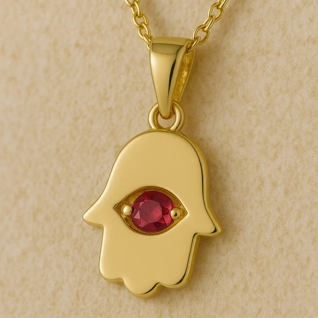14K Gold Hamsa Pendant with Ruby