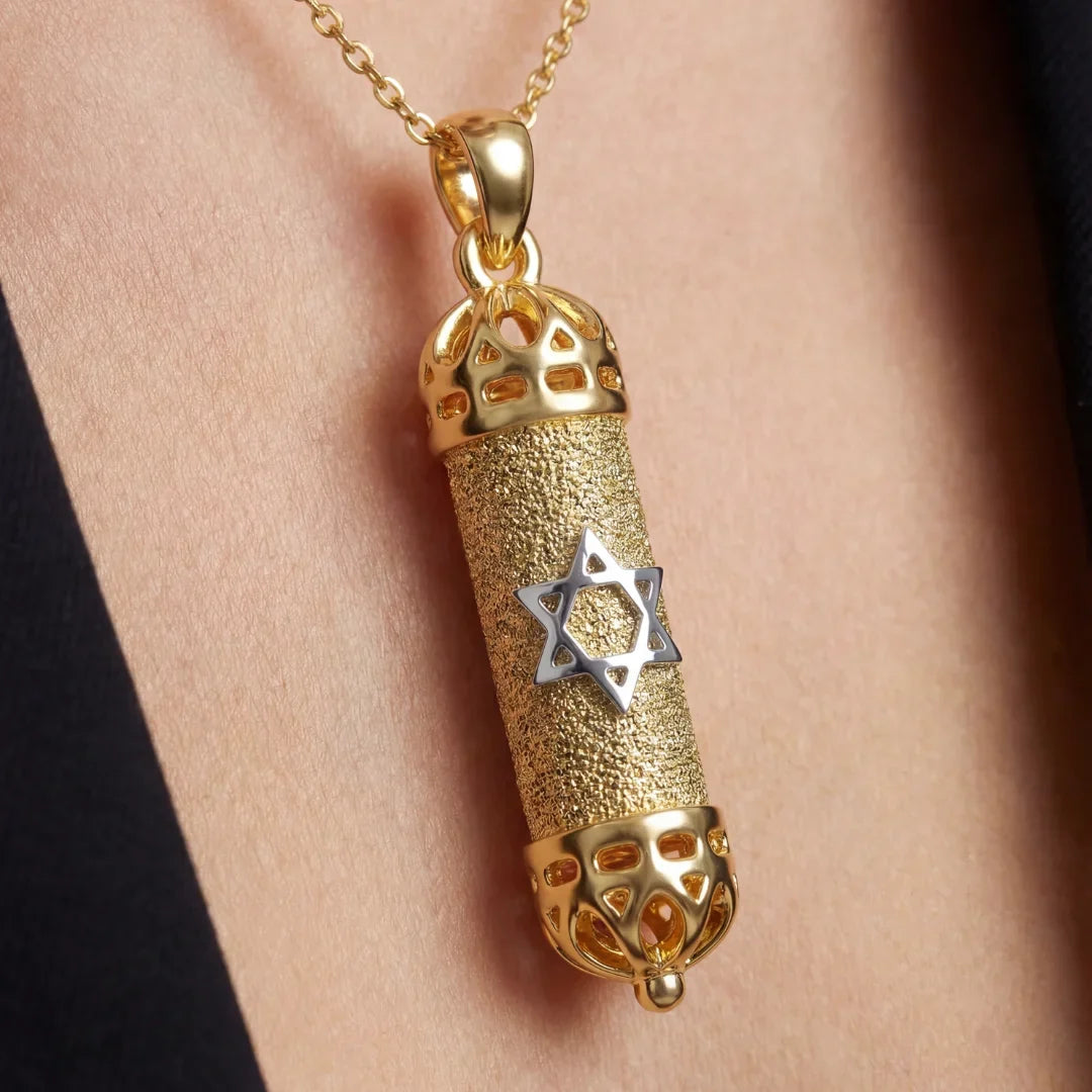 Mezuzah Classic Necklace in solid 14K yellow and white gold, handcrafted in Israel