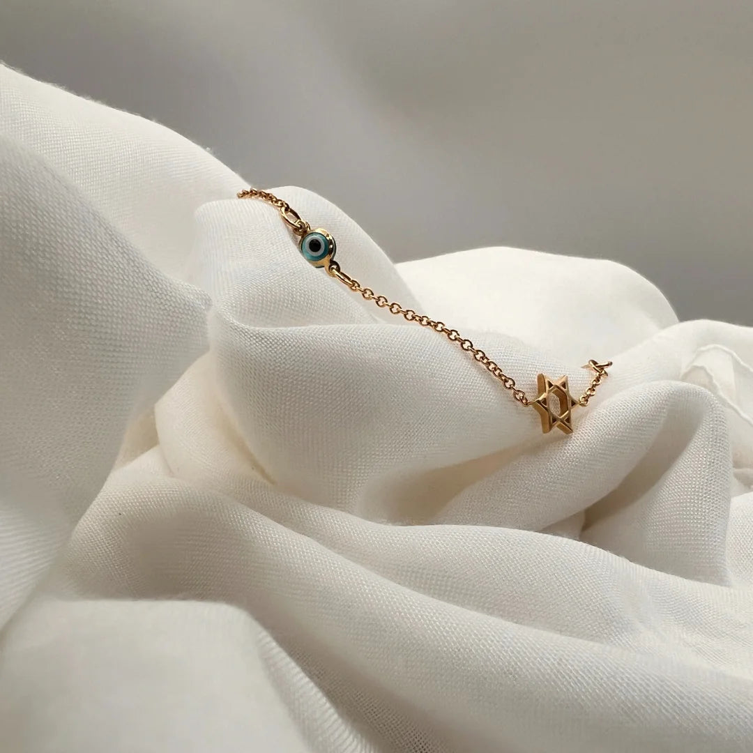 14k Gold Jewish Bracelet with Star of David & Evil Eye Charms