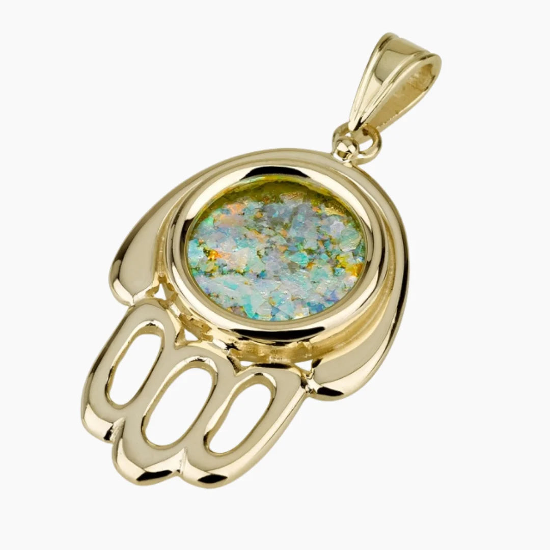 Majestic 14K Gold Hamsa Pendant with Roman Glass