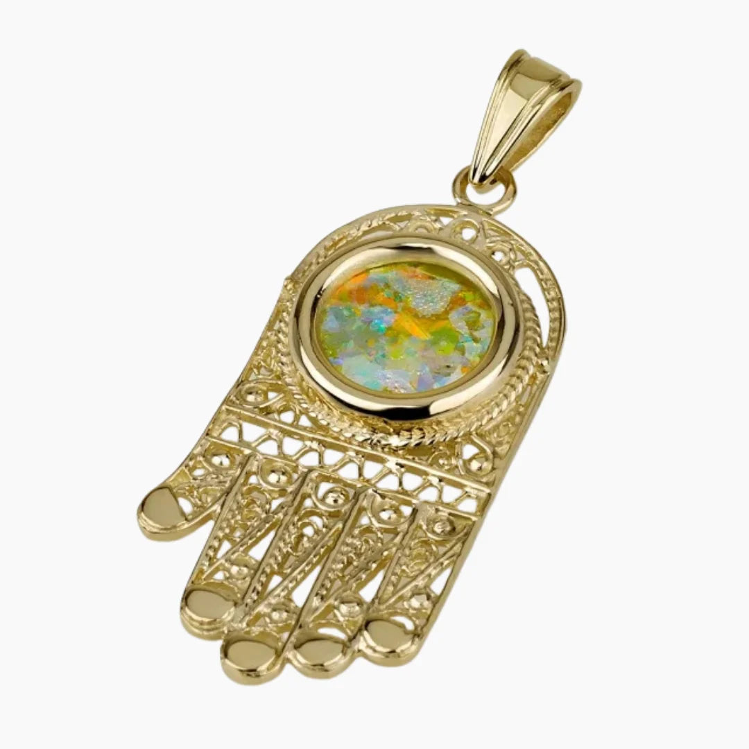 14K Gold Hamsa Pendant with Roman Glass