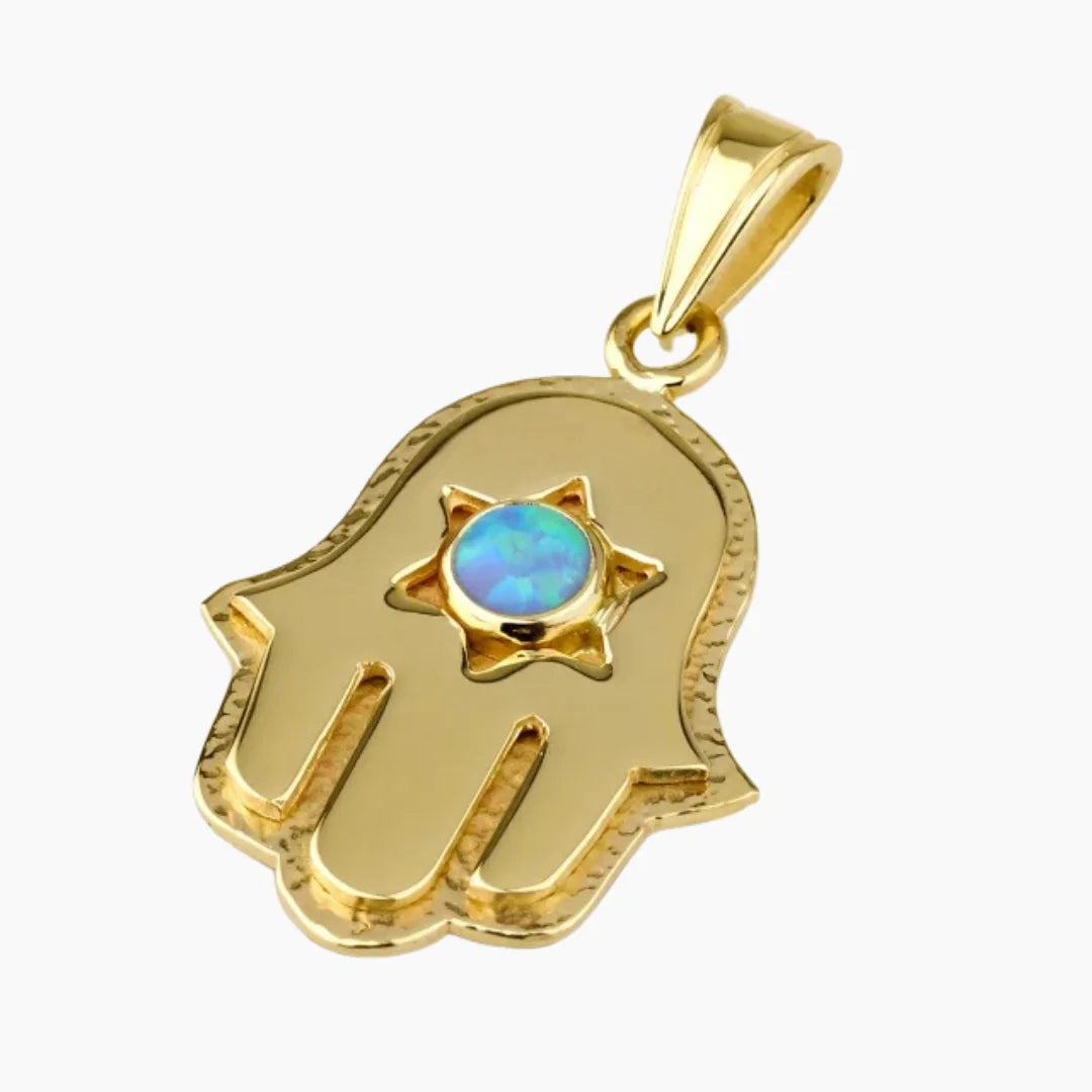 Handmade 14K Solid Gold Hamsa Pendant with Opal Stone