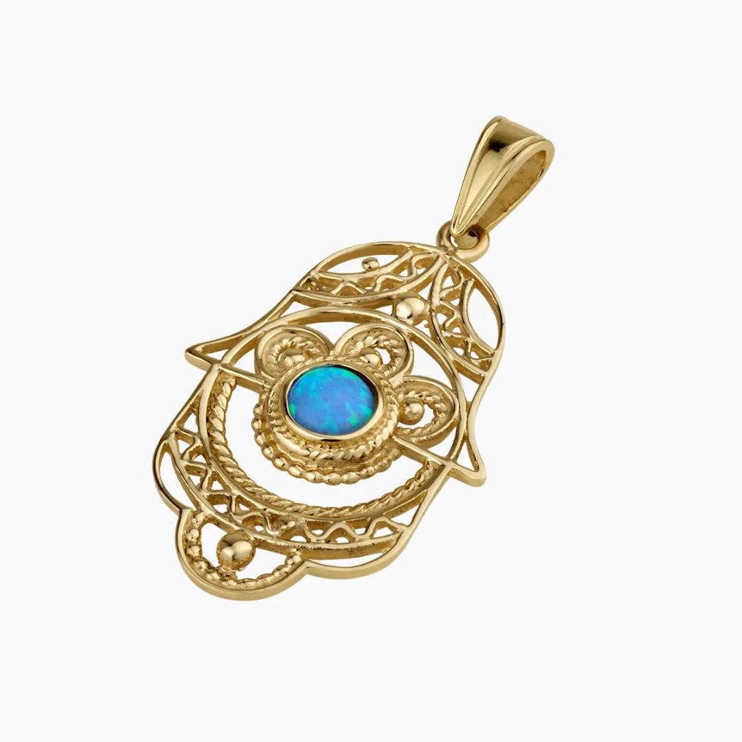 Pendentif Hamsa en or 14 carats avec opale