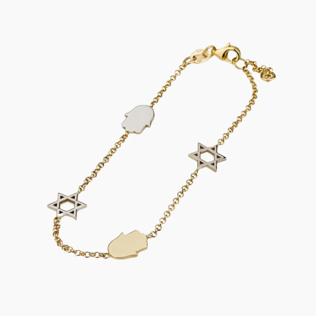Bracelet de dévotion en or 14 carats avec breloques juives