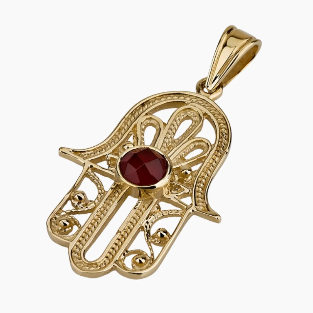 Handmade 14K Gold Hamsa Pendant Adorned with Garnet Stone