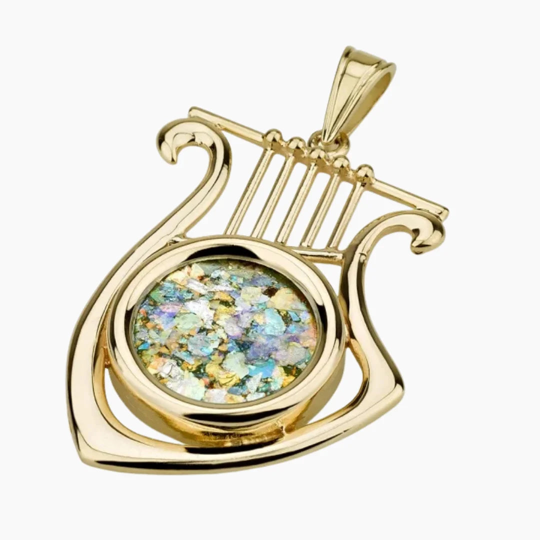 Pendentif en verre romain en or 14 carats représentant la harpe de David