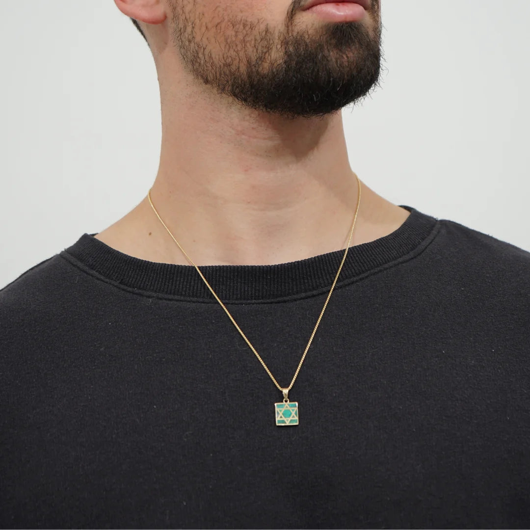 Squared 14K Solid Gold Star of David Pendant with Eilat Stone