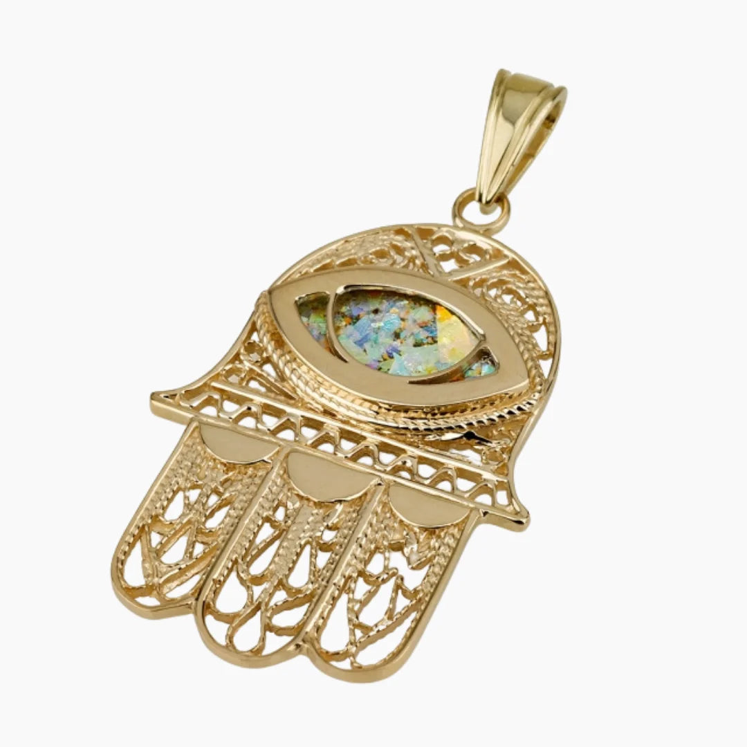Pendentif Hamsa en or 14 carats avec verre romain