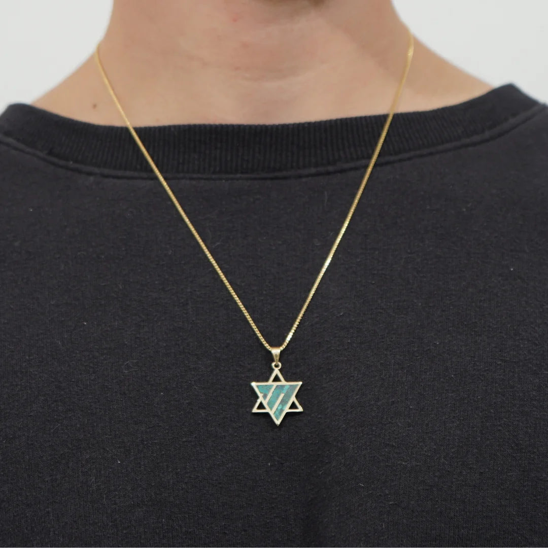 14K Gold Star of David Pendant with Eilat Stone Chai Letters