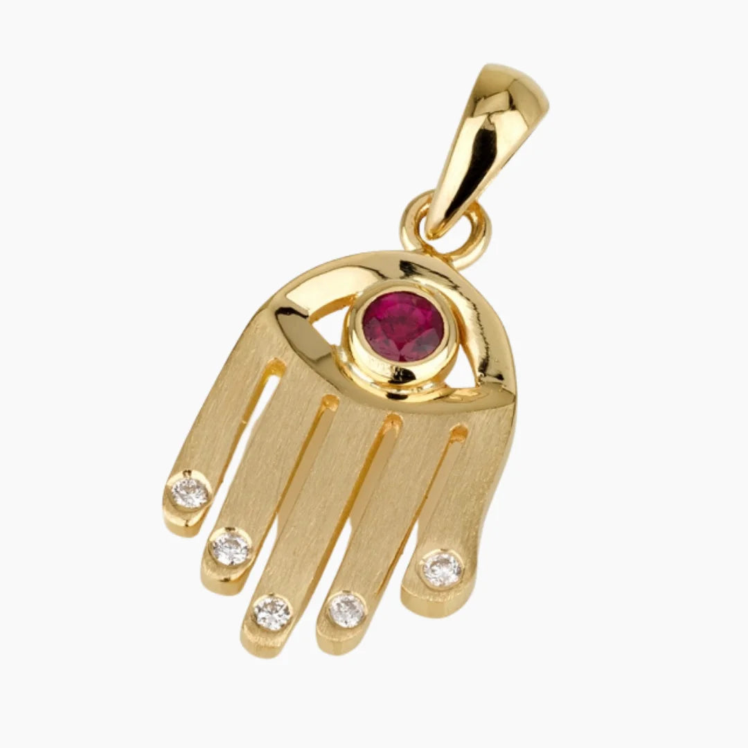Pendentif Hamsa en or 18 carats avec diamants et rubis