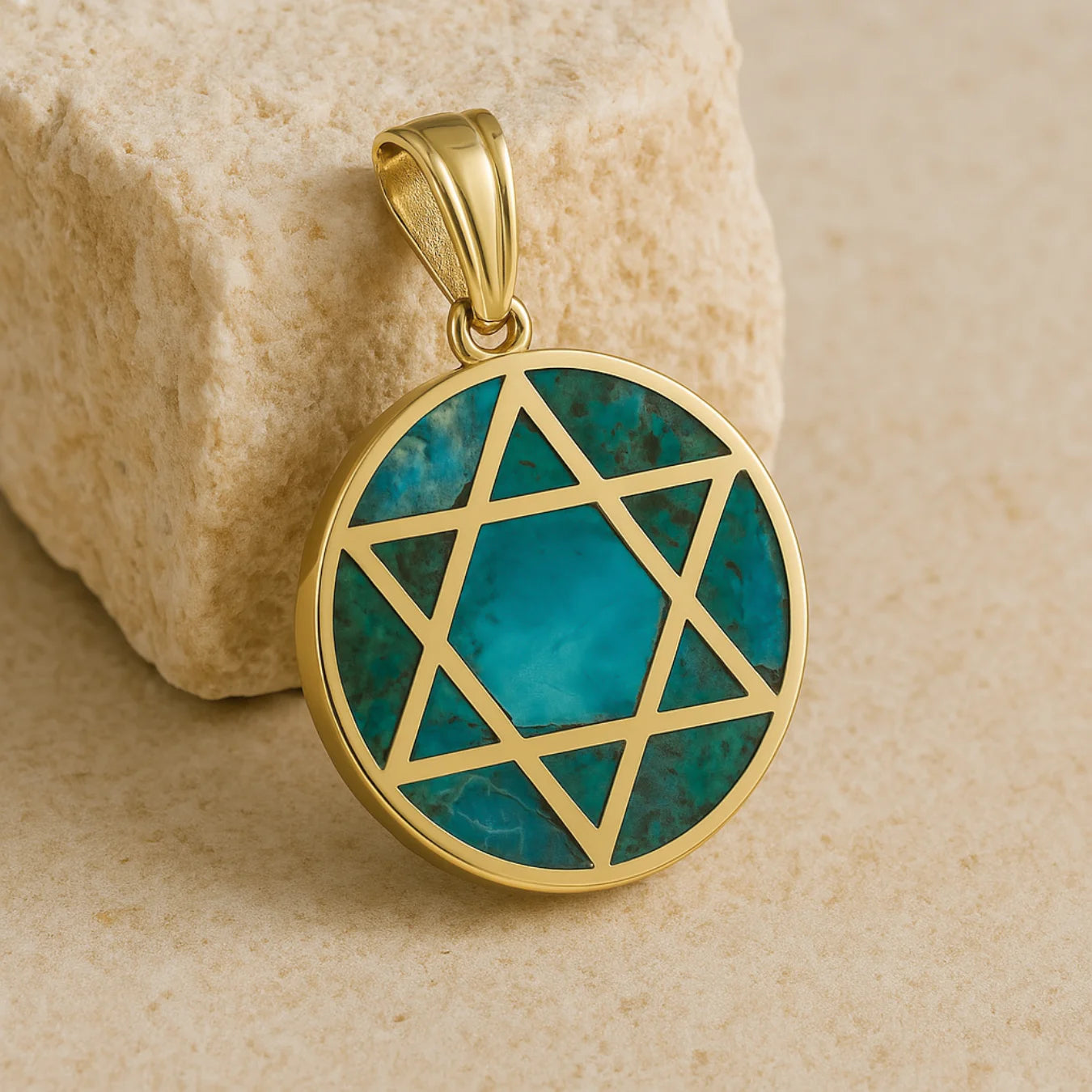 Eilat stone Circled 14K Gold Star of David Pendant