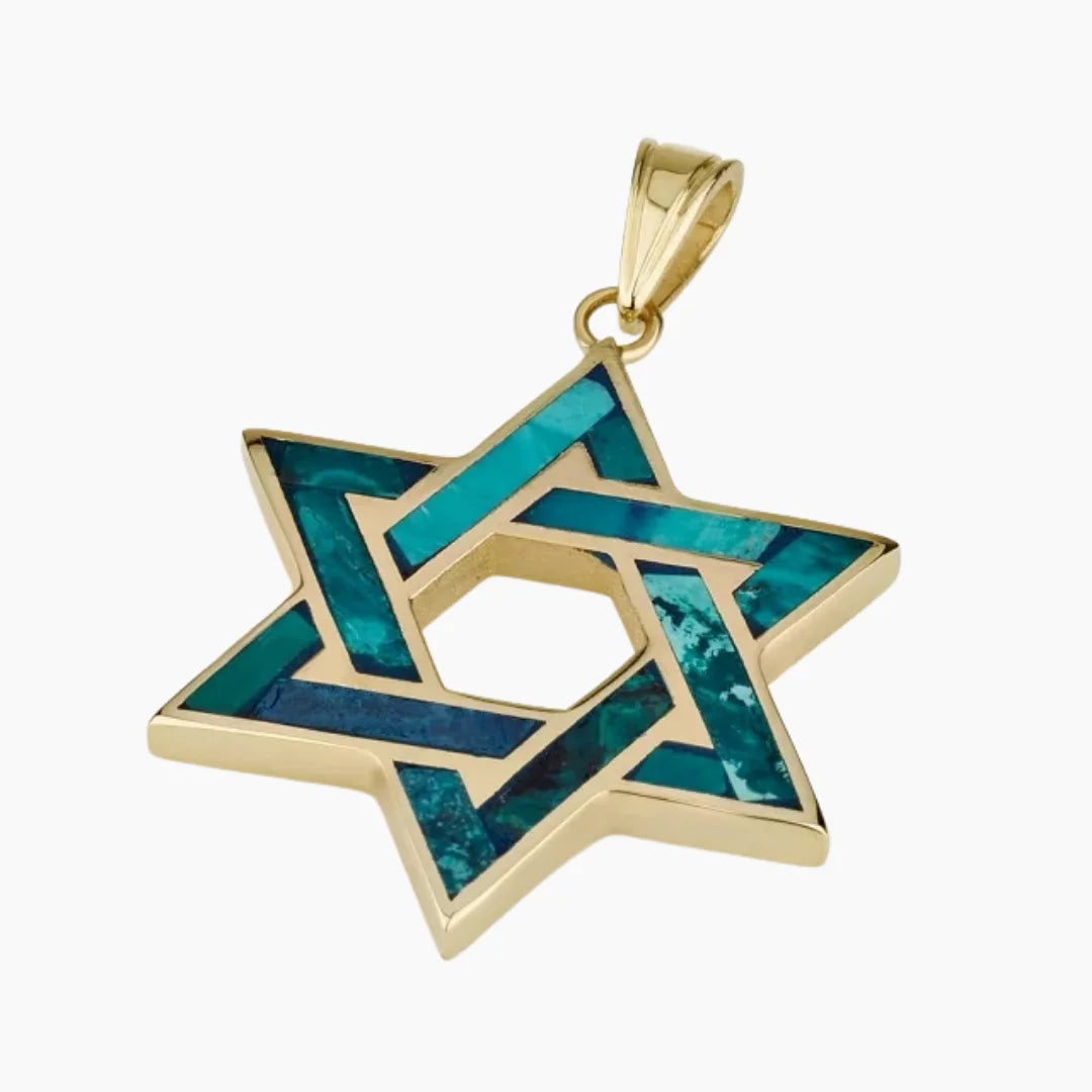 Eilat stone & 14K Solid Gold Star of David Pendant Intertwined