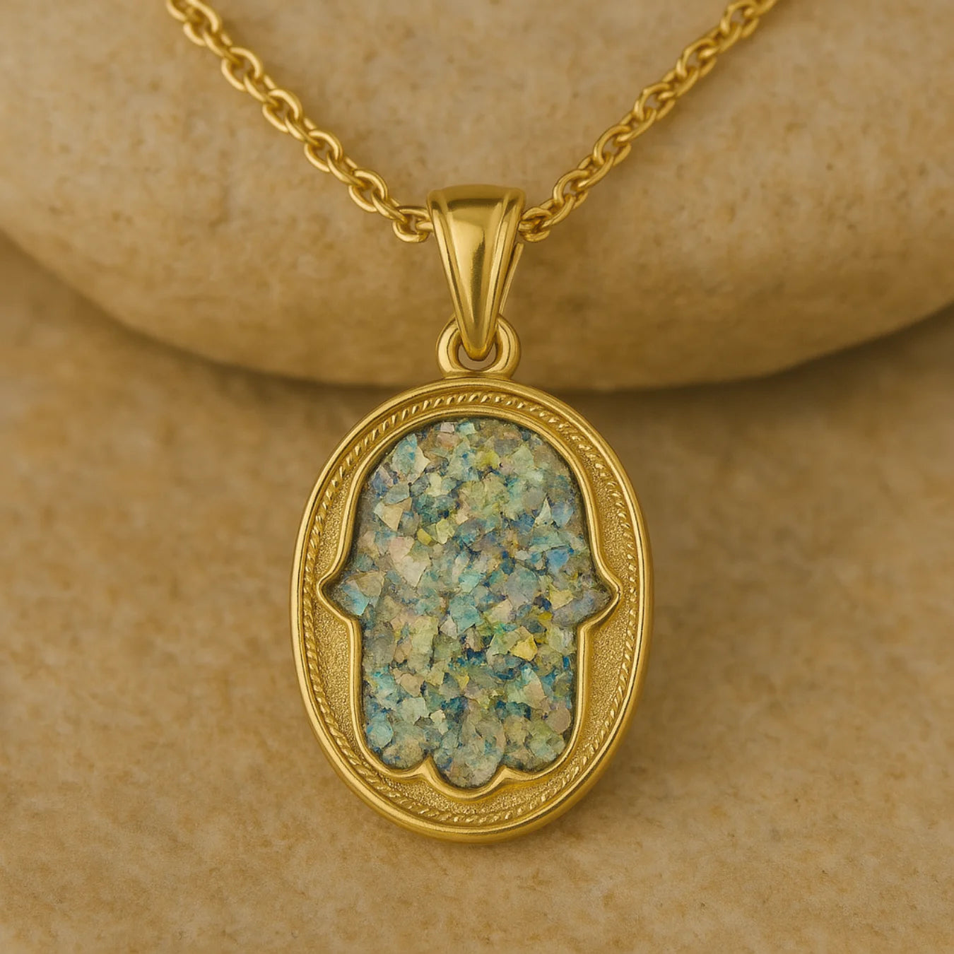 Pendentif Hamsa Heritage en or 14 carats avec verre romain