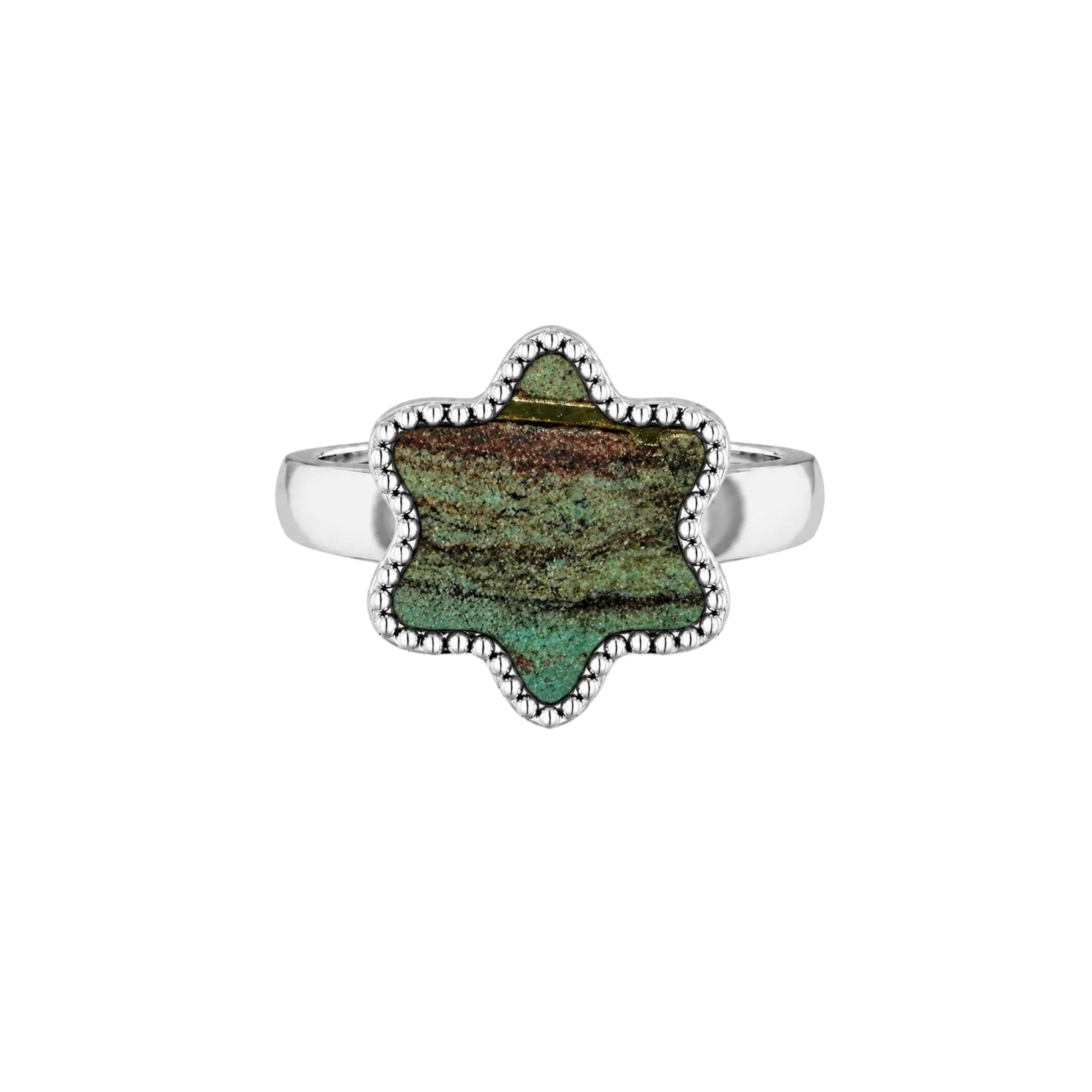 14K White Gold Desert Green - Tyferet Symbol Eilat Stone Ring with natural Eilat Stone, handcrafted in Israel