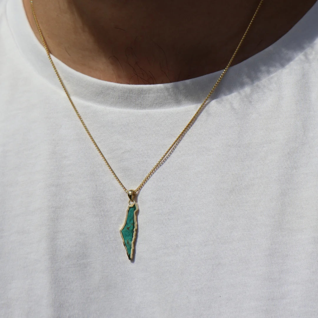 Pendentif carte d'Israël fait main en pierre d'Eilat et or massif 14 carats