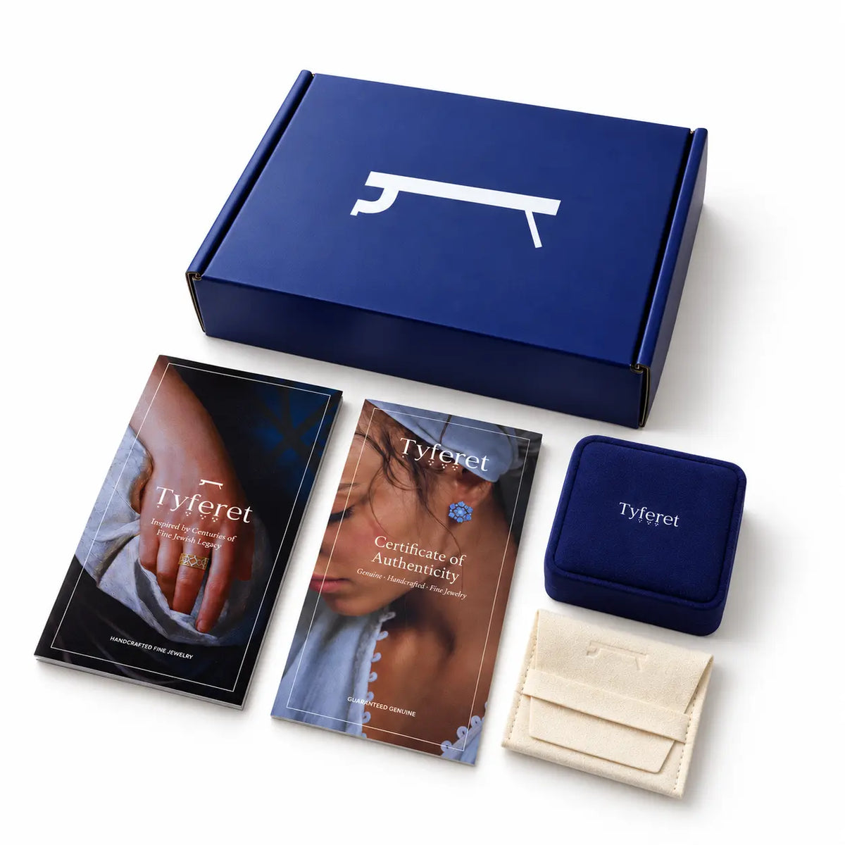 Empaque distintivo de Tyferet: caja de regalo azul marino, estuche para joyería, bolsa y certificado de autenticidad