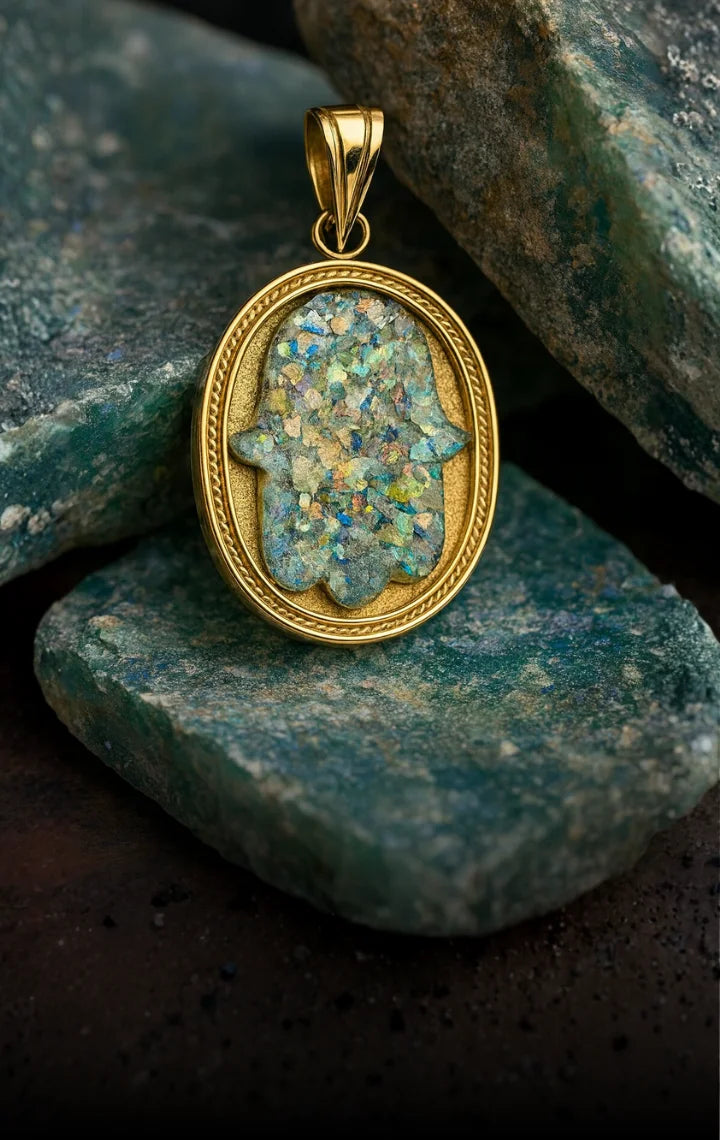Oval Roman glass pendant on dry dark stones