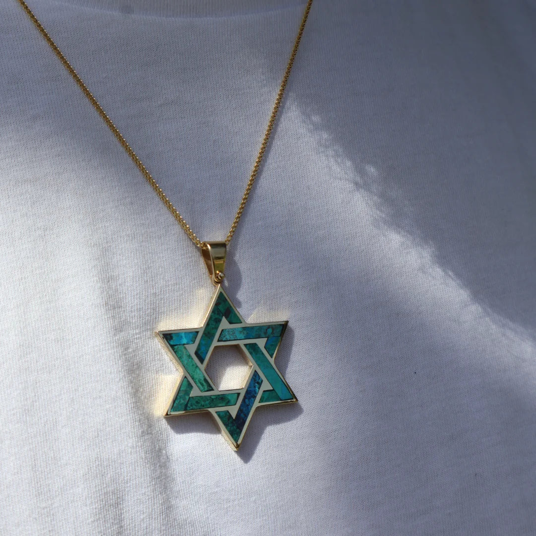 Large Star of David Pendant with Eilat Stone & Solid 14K Gold