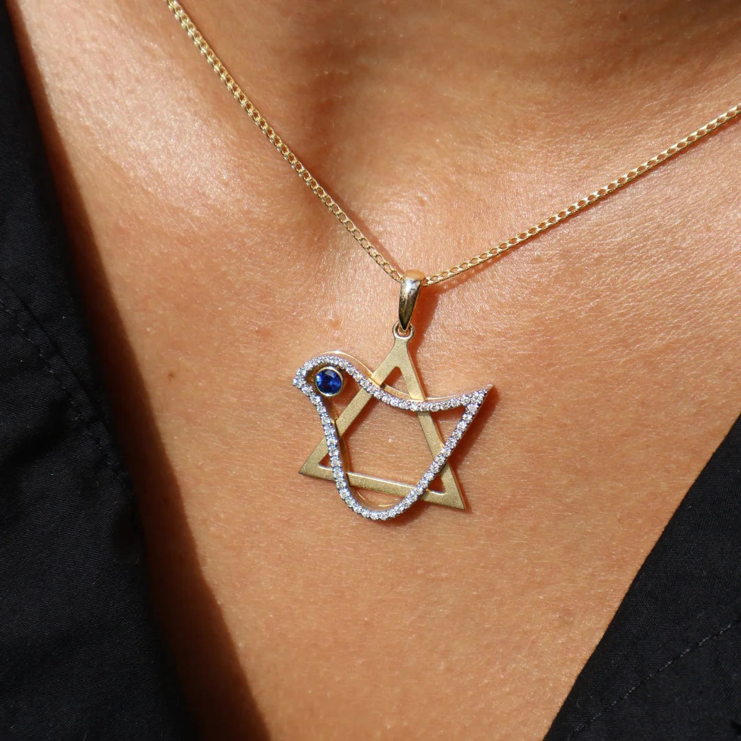18K Gold Star of David Pendant & White Gold Dove Adorned with Sapphire & Diamonds