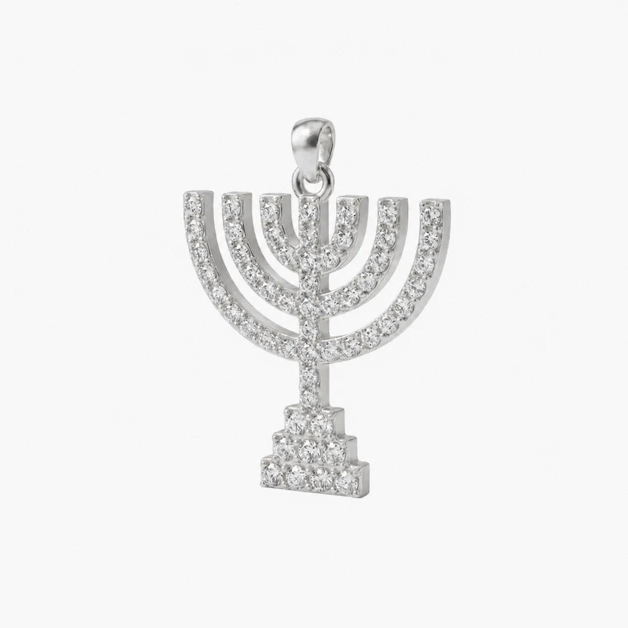 14k White Gold - Classic Menorah Necklace with lab-grown diamonds, handcrafted in Israel
